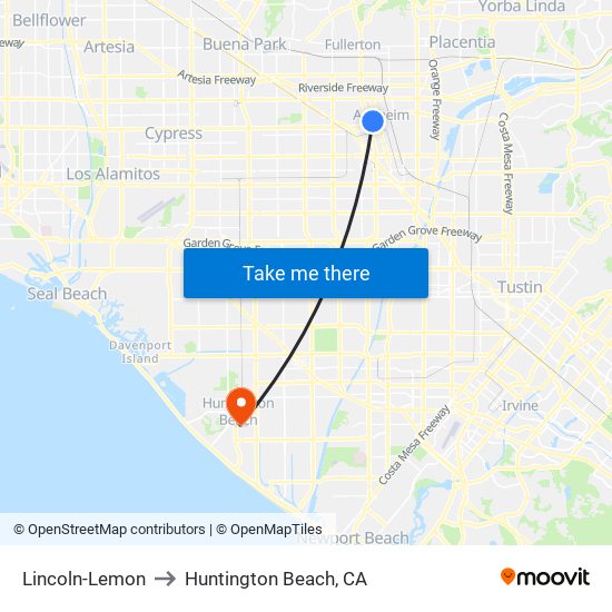 Lincoln-Lemon to Huntington Beach, CA map