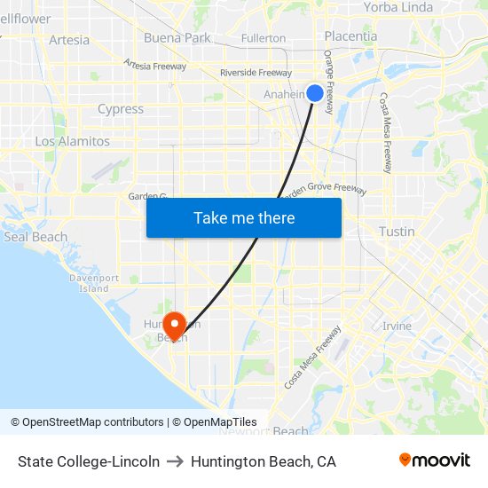 State College-Lincoln to Huntington Beach, CA map