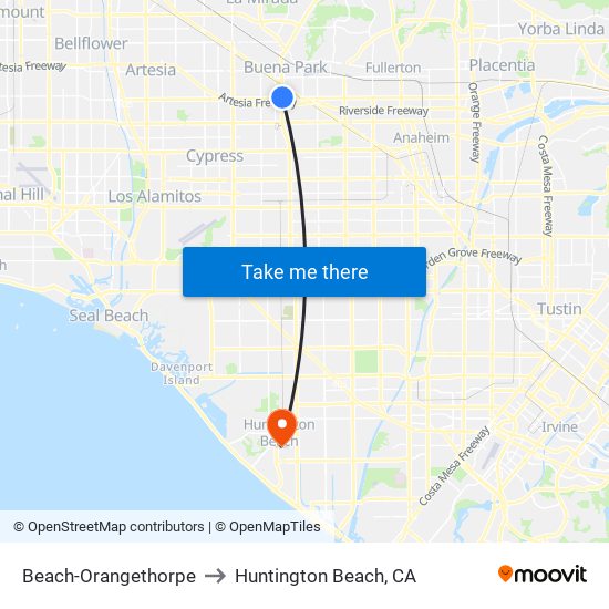 Beach-Orangethorpe to Huntington Beach, CA map