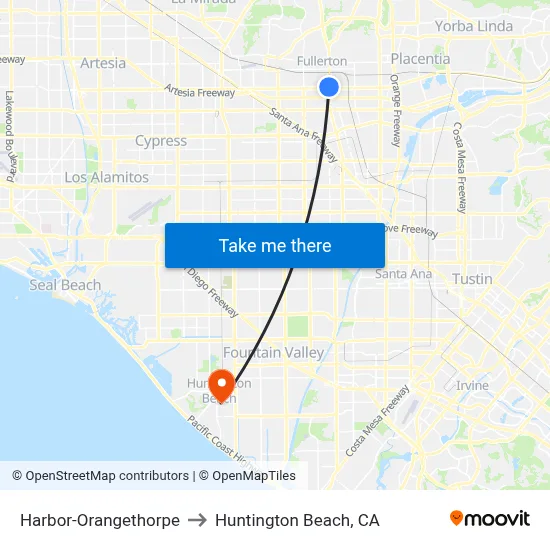 Harbor-Orangethorpe to Huntington Beach, CA map