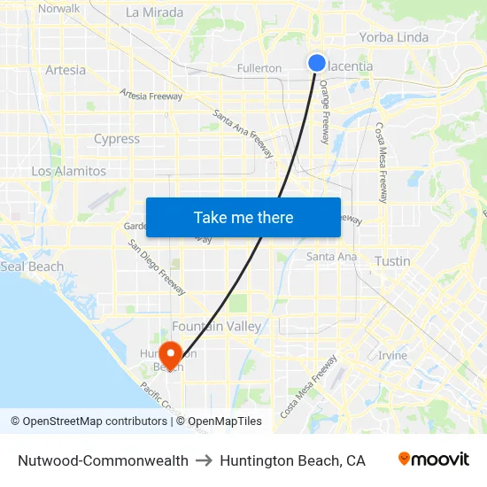 Nutwood-Commonwealth to Huntington Beach, CA map