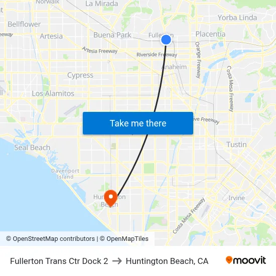 Fullerton Trans Ctr Dock 2 to Huntington Beach, CA map