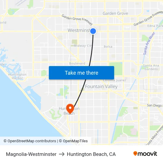 Magnolia-Westminster to Huntington Beach, CA map