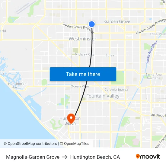 Magnolia-Garden Grove to Huntington Beach, CA map