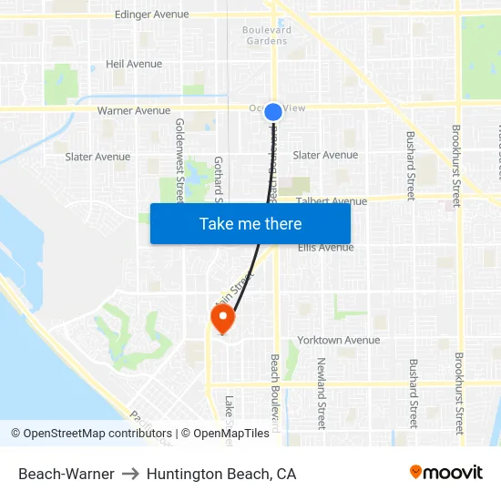 Beach-Warner to Huntington Beach, CA map