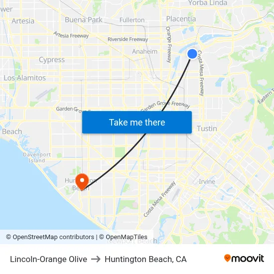 Lincoln-Orange Olive to Huntington Beach, CA map