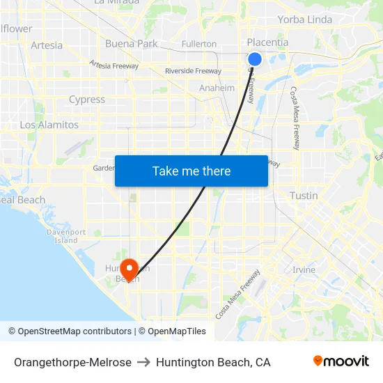 Orangethorpe-Melrose to Huntington Beach, CA map
