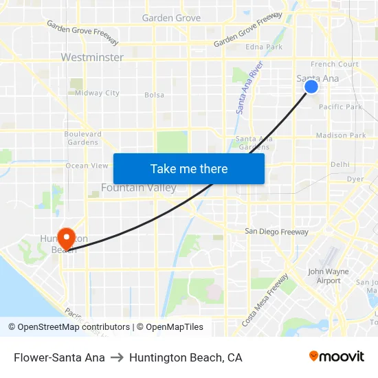 Flower-Santa Ana to Huntington Beach, CA map