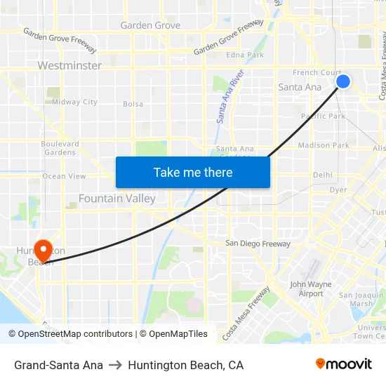 Grand-Santa Ana to Huntington Beach, CA map