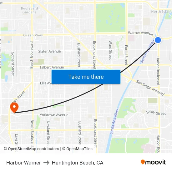 Harbor-Warner to Huntington Beach, CA map