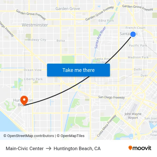 Main-Civic Center to Huntington Beach, CA map