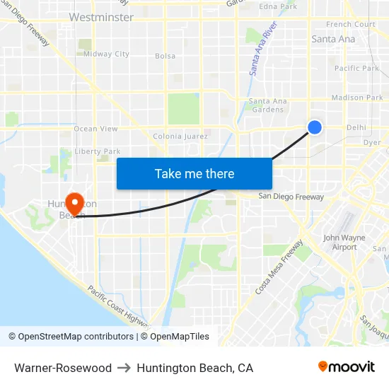 Warner-Rosewood to Huntington Beach, CA map