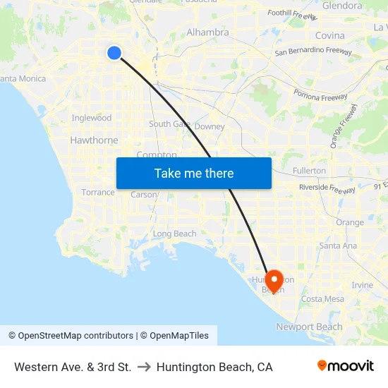 Western Ave. & 3rd St. to Huntington Beach, CA map