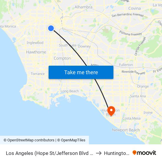 Los Angeles (Hope St/Jefferson Blvd - University of Southern California ) to Huntington Beach, CA map