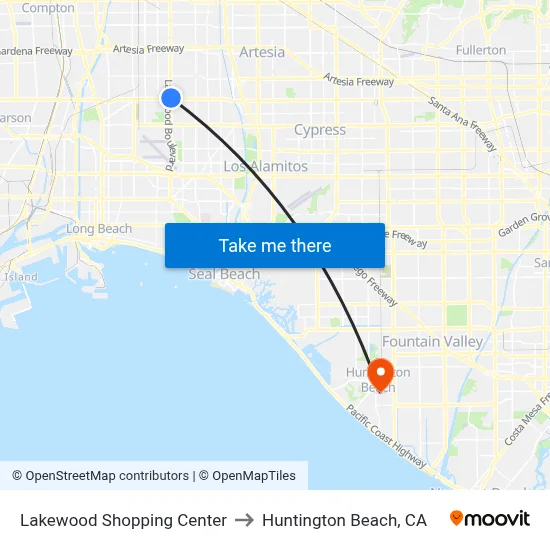 Lakewood Shopping Center to Huntington Beach, CA map