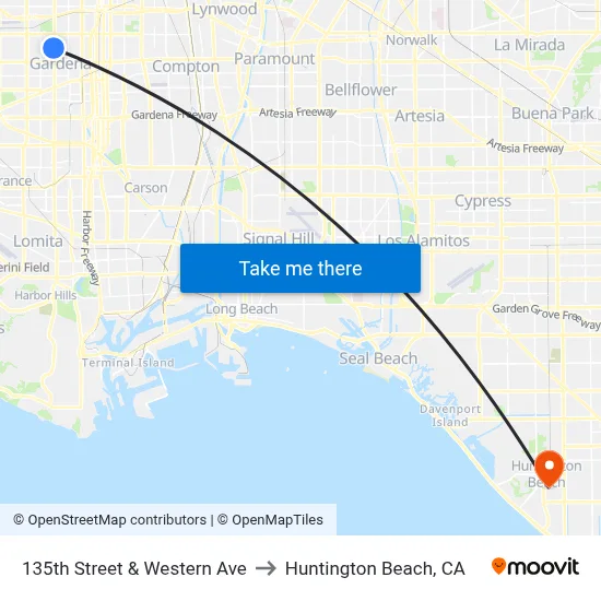135th Street & Western Ave to Huntington Beach, CA map