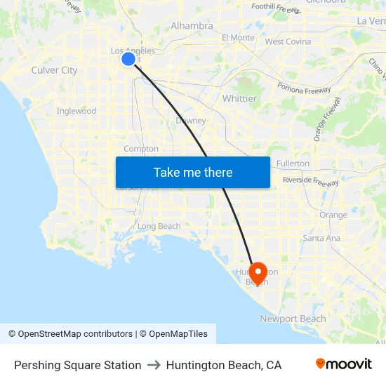 Pershing Square Station to Huntington Beach, CA map