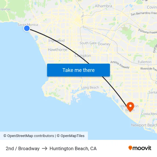 2nd / Broadway to Huntington Beach, CA map