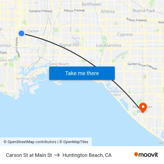 Carson St at Main St to Huntington Beach, CA map
