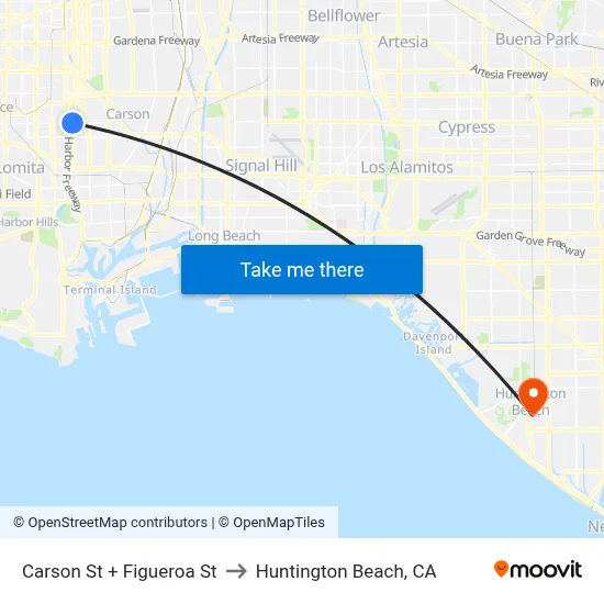 Carson St + Figueroa St to Huntington Beach, CA map