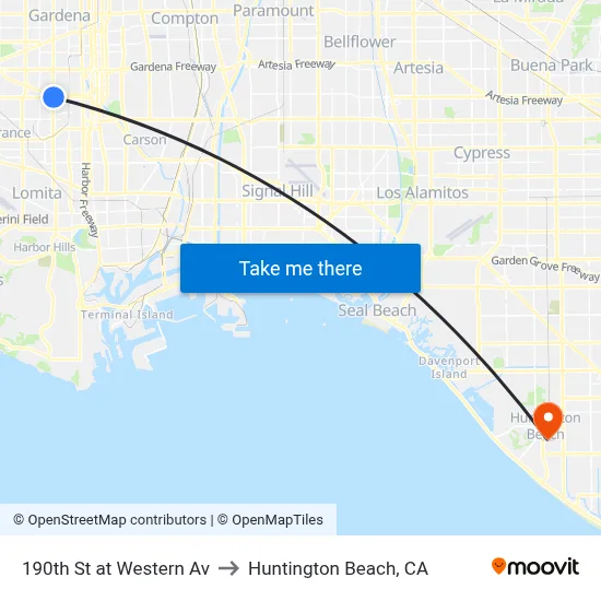 190th St at Western Av to Huntington Beach, CA map