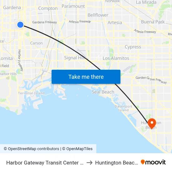Harbor Gateway Transit Center (Bay 11) to Huntington Beach, CA map