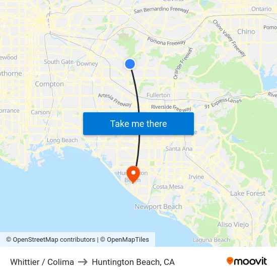 Whittier / Colima to Huntington Beach, CA map