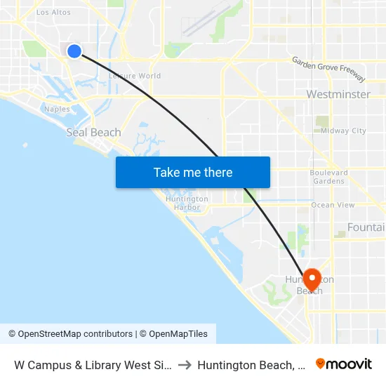 W Campus & Library West Side to Huntington Beach, CA map