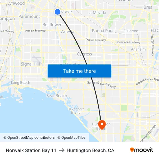 Norwalk Station Bay 11 to Huntington Beach, CA map
