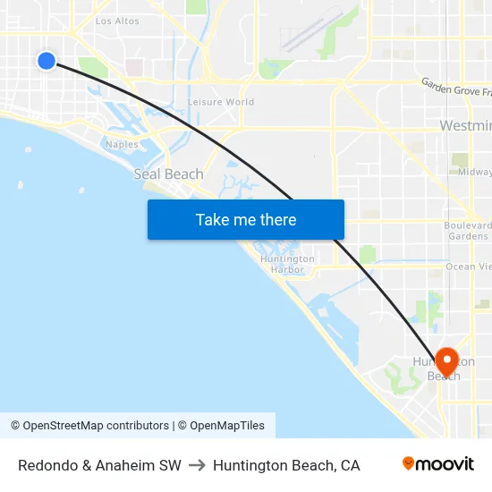 Redondo & Anaheim SW to Huntington Beach, CA map