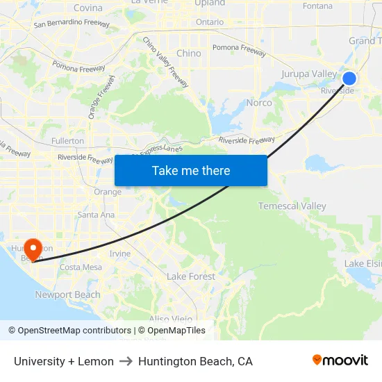 University + Lemon to Huntington Beach, CA map