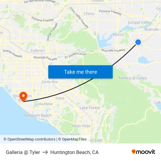 Galleria @ Tyler to Huntington Beach, CA map