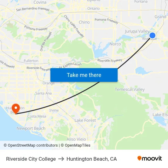 Riverside City College to Huntington Beach, CA map