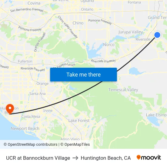 UCR at Bannockburn Village to Huntington Beach, CA map