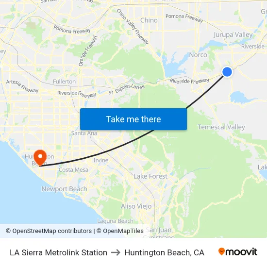LA Sierra Metrolink Station to Huntington Beach, CA map