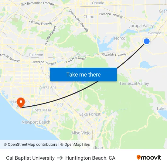 Cal Baptist University to Huntington Beach, CA map