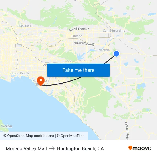 Moreno Valley Mall to Huntington Beach, CA map