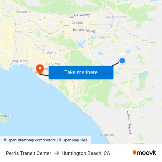Perris Transit Center to Huntington Beach, CA map