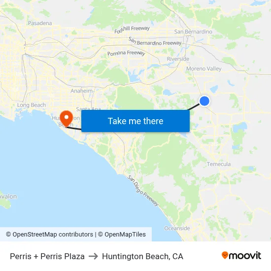 Perris + Perris Plaza to Huntington Beach, CA map