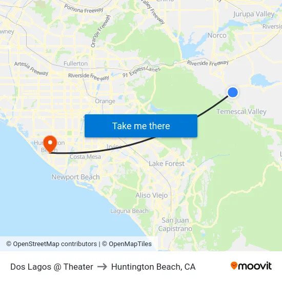 Dos Lagos @ Theater to Huntington Beach, CA map
