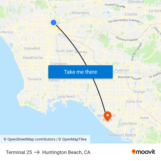 Terminal 25 to Huntington Beach, CA map