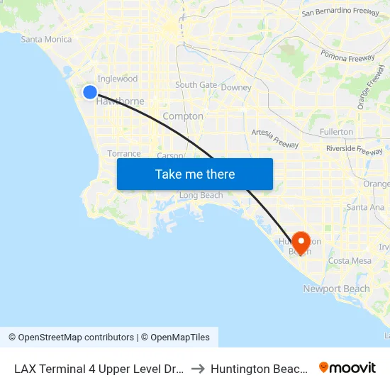 LAX Terminal 4 Upper Level Drop Off to Huntington Beach, CA map