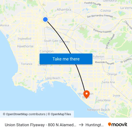 Union Station Flyaway - 800 N Alameda St at Union Station / Patsaurus Plaza to Huntington Beach, CA map
