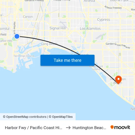 Harbor Fwy / Pacific Coast Highway to Huntington Beach, CA map