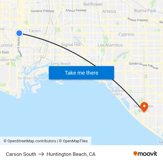 Carson South to Huntington Beach, CA map
