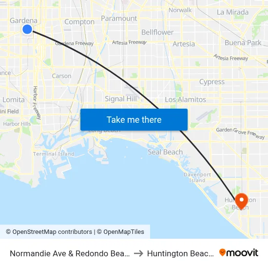 Normandie Ave & Redondo Beach Blvd to Huntington Beach, CA map
