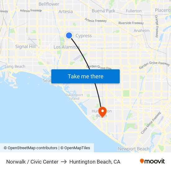 Norwalk / Civic Center to Huntington Beach, CA map