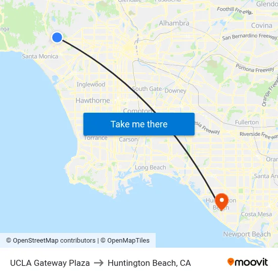 UCLA Gateway Plaza to Huntington Beach, CA map