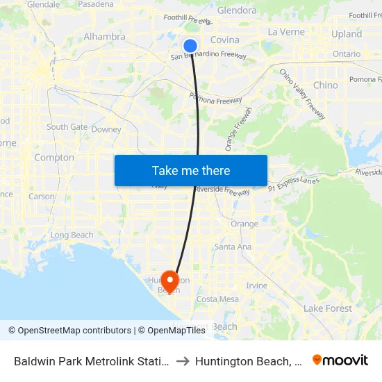 Baldwin Park Metrolink Station to Huntington Beach, CA map