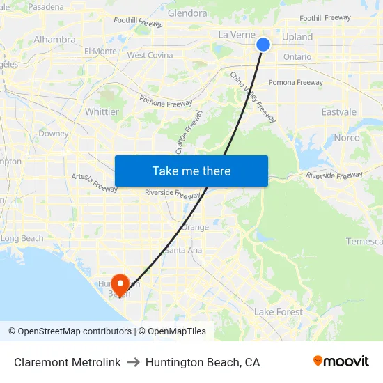 Claremont Metrolink to Huntington Beach, CA map
